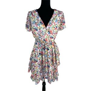 Tahari Arthur Levine Floral Faux Wrap Sheer Flutter Sleeve Belted Tier Dress 4